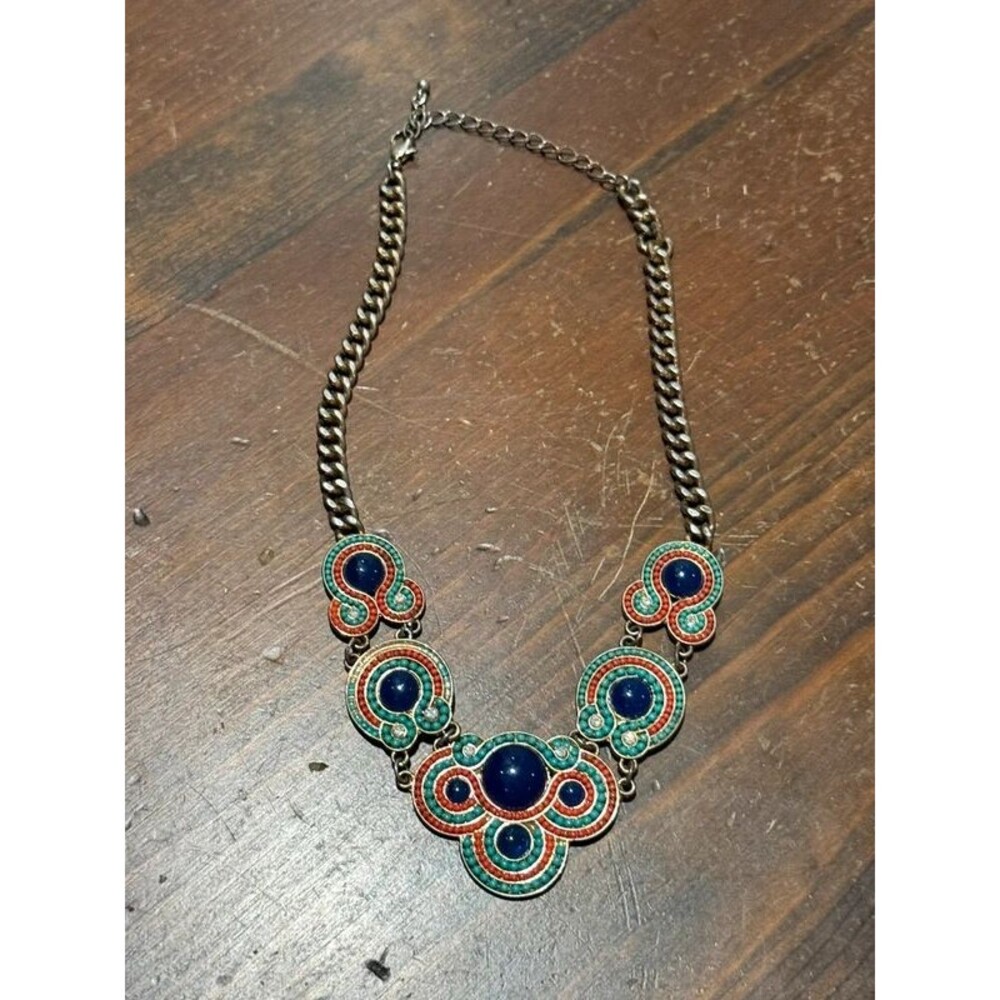 Colorful Statement Necklace – Blue, Turquoise & Red Enamel-Style Design – J-0047